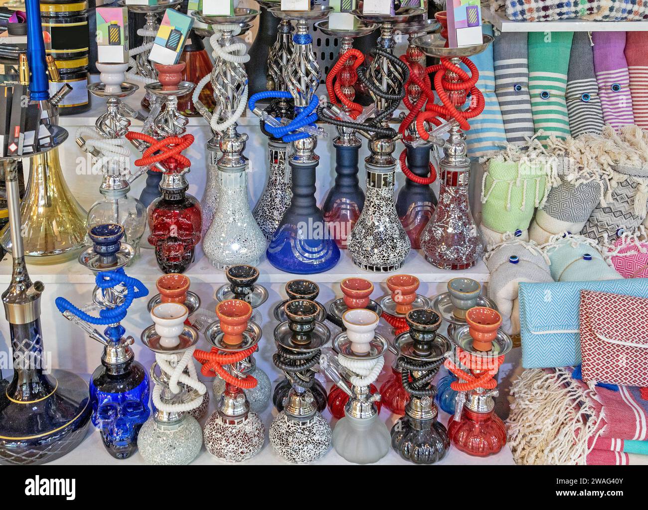 Narghile water pipes used for smoking among adolescents sold on market in Istanbul Stock Photo