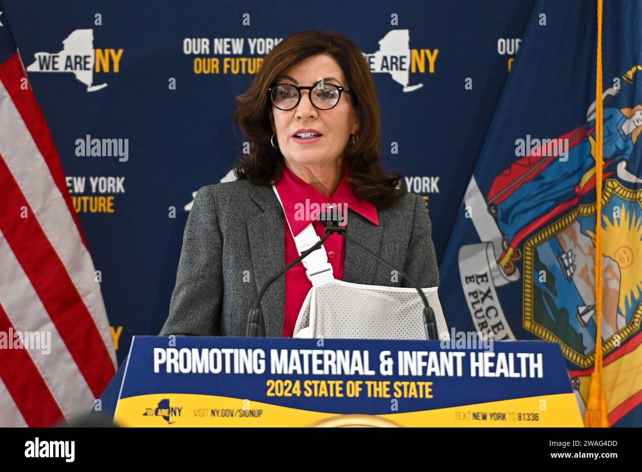 Gov. Kathy Hochul unveils third proposal of 2024 State of the State at Wyckoff Heights Medical Center on January 4, 2024 in New York City. Stock Photo