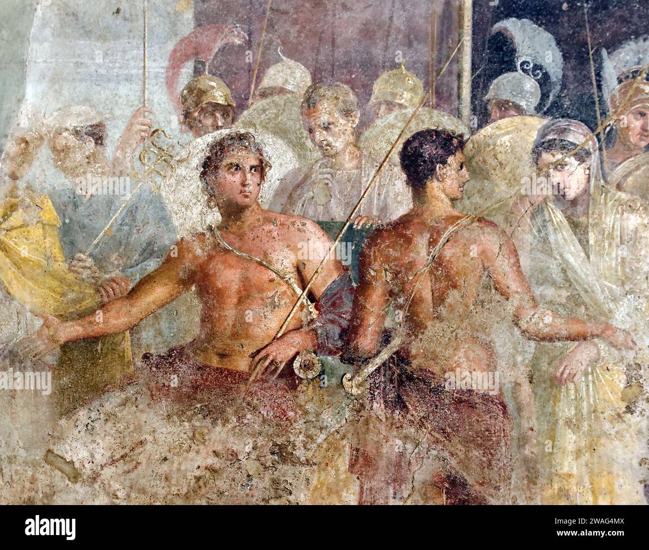 Agamemnon. Achilles' surrender of Briseis to Agamemnon, from the House of the Tragic Poet in Pompeii, Italy, fresco, 1st century AD. In Greek mythology, Agamemnon was a king of Mycenae who commanded the Greeks during the Trojan War. Stock Photo