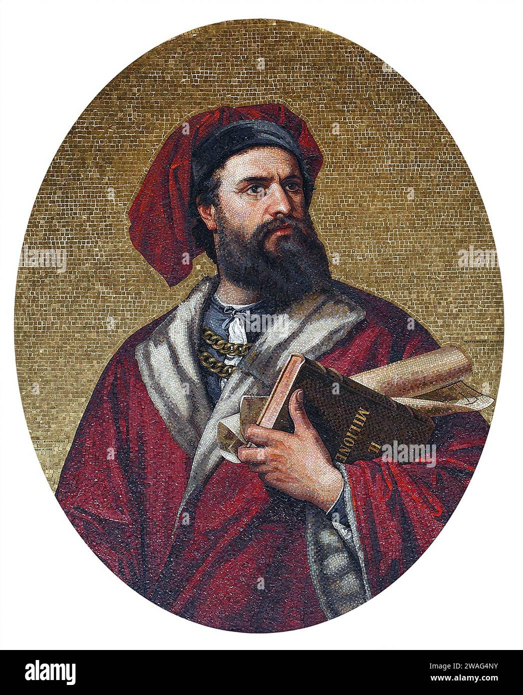 Marco Polo. Portrait of the Venetian merchant and explorer, Marco Polo (c. 1254-1324), mosaic in the  Municipal Palace of Genoa, 1867 Stock Photo
