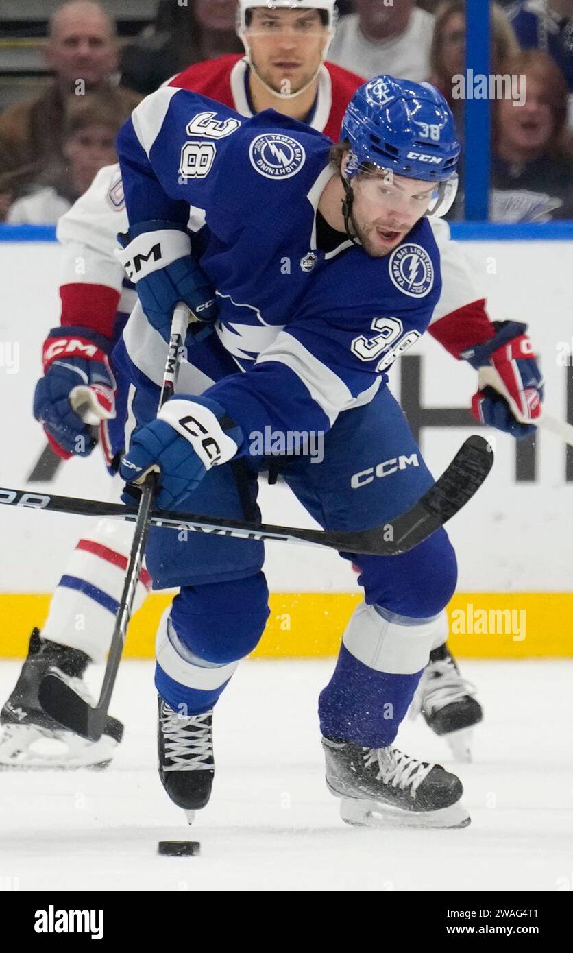 Tampa Bay Lightning left wing Brandon Hagel (38) skates against the