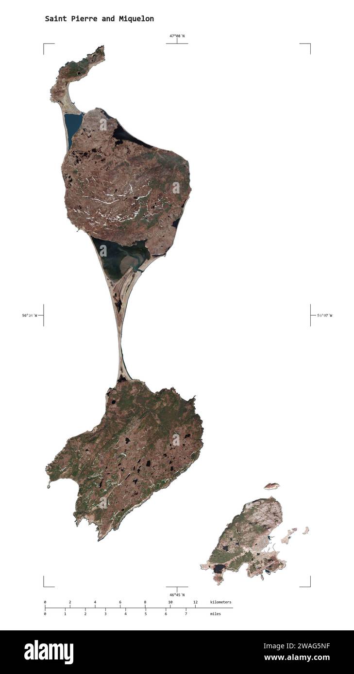 Shape of a high resolution satellite map of the Saint Pierre and Miquelon, with distance scale and map border coordinates, isolated on white Stock Photo