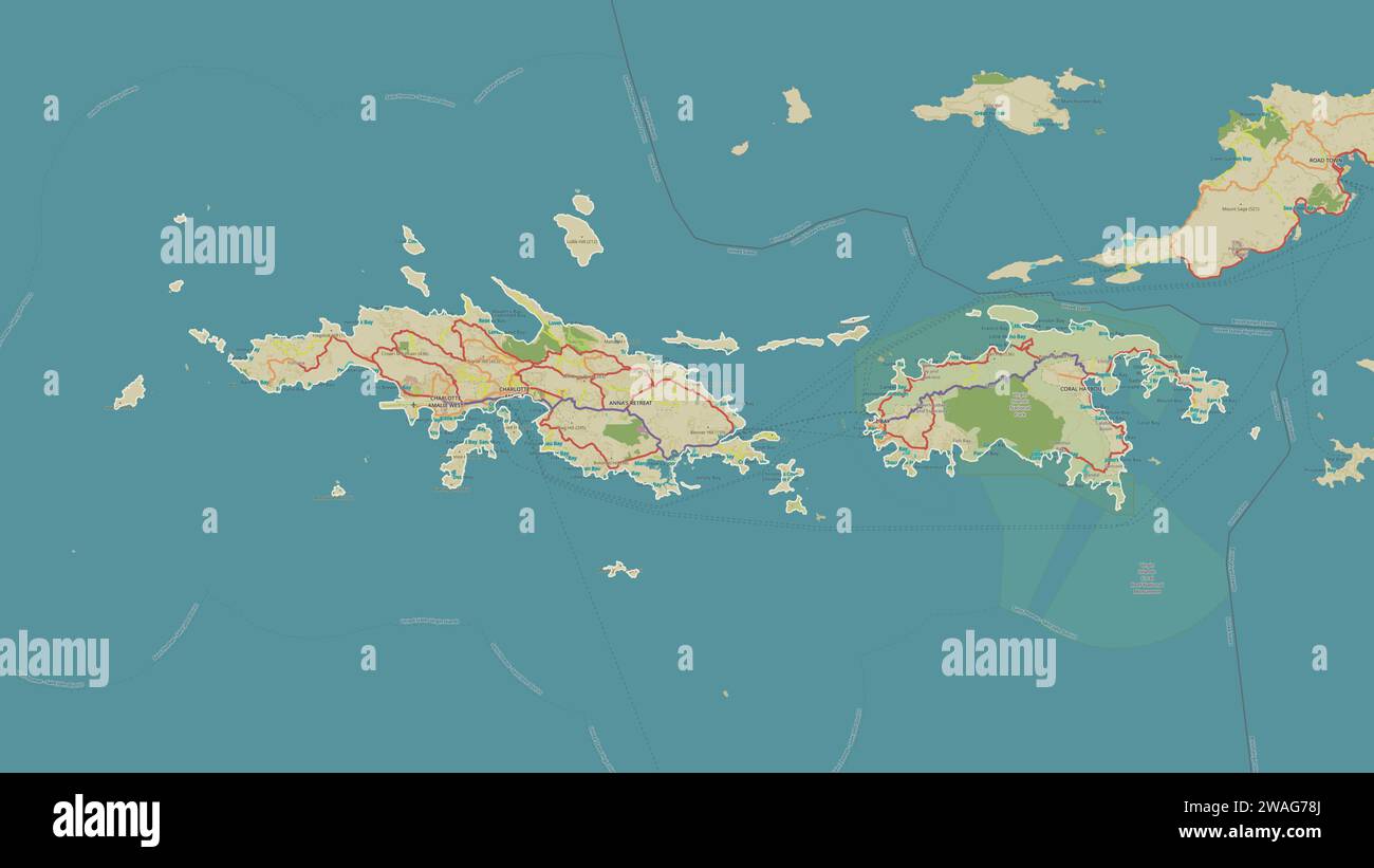 U.S. Virgin Islands - Saint Thomas outlined on a topographic, OSM Humanitarian style map Stock Photo