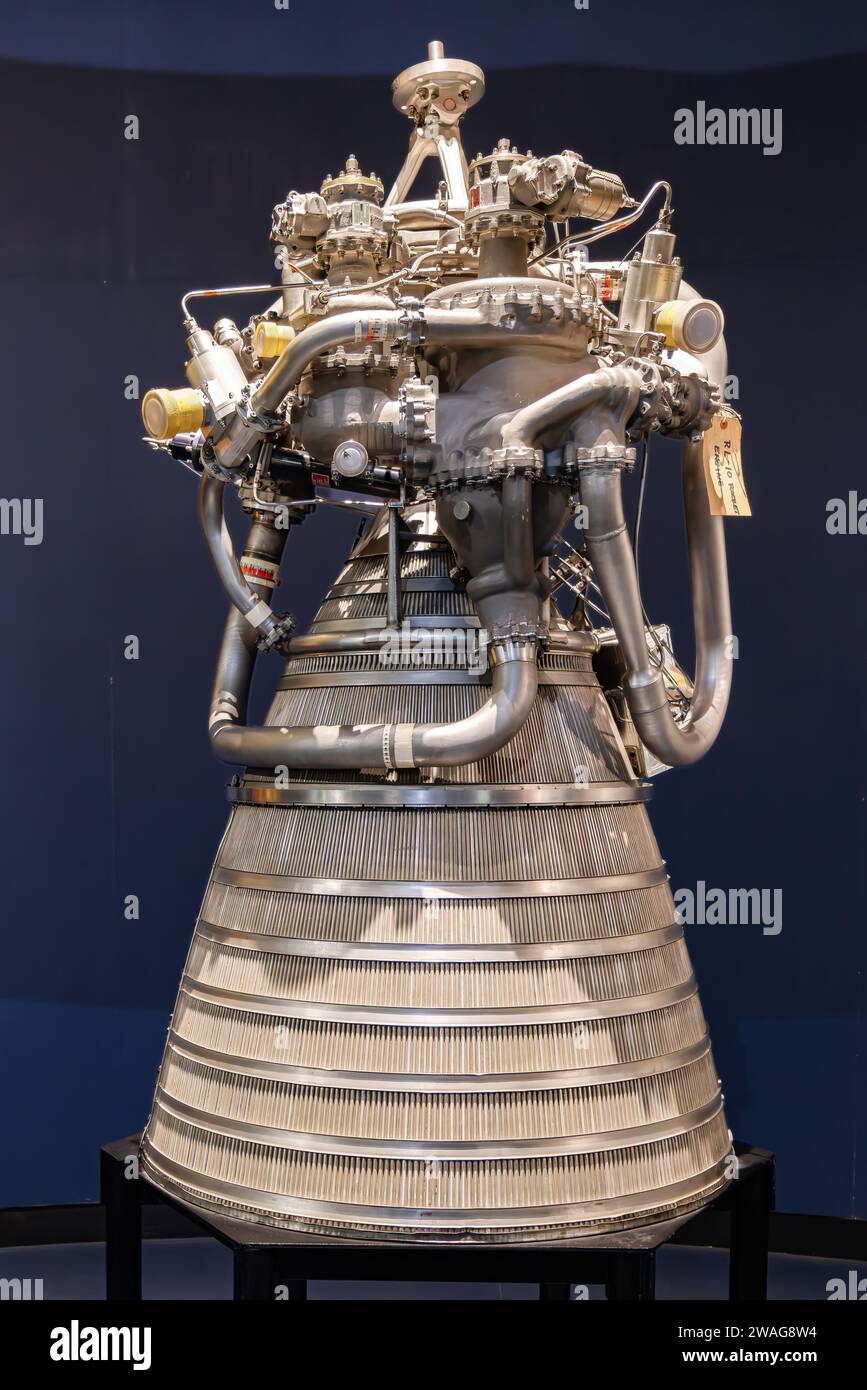 London, UK - May 19, 2023: A Liquid Fuel Rocket Engine RL-10A-1, the world's first operational liquid-hydrogen/liquid oxygen high energy rocket engine Stock Photo