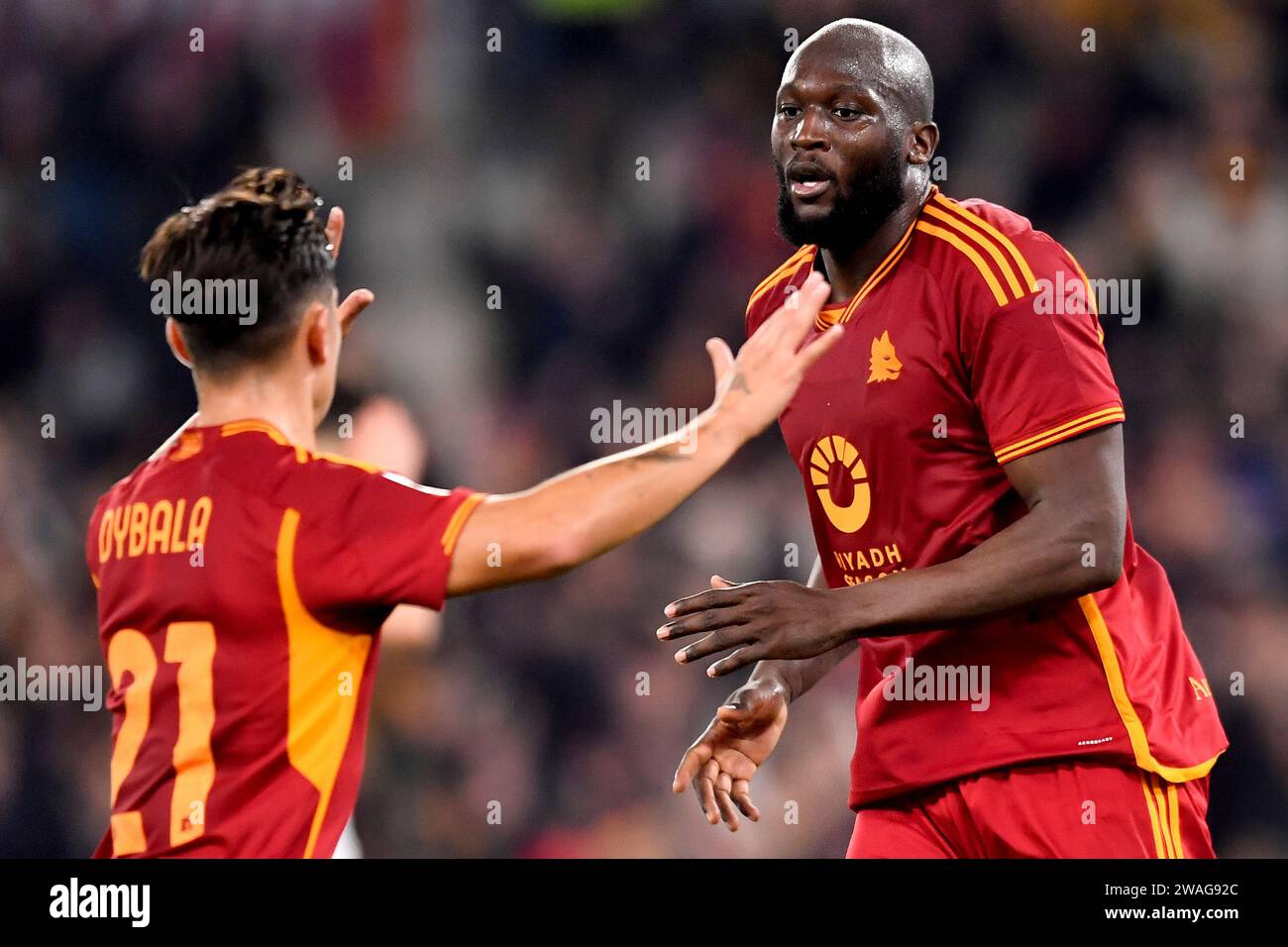 Romelu Lukaku of AS Roma (r) celebrates with Paulo Dybala after scoring the  goal of 1-1 during the Italy Cup football match between AS Roma and US  Cremonese at Olimpico stadium in