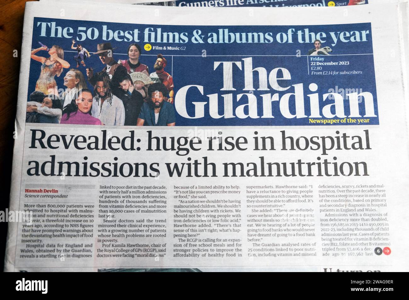 'Revealed: huge rise in hospital admissions with malnutrition' Guardian newspaper health headline front page health 22 December 2023 London England UK Stock Photo