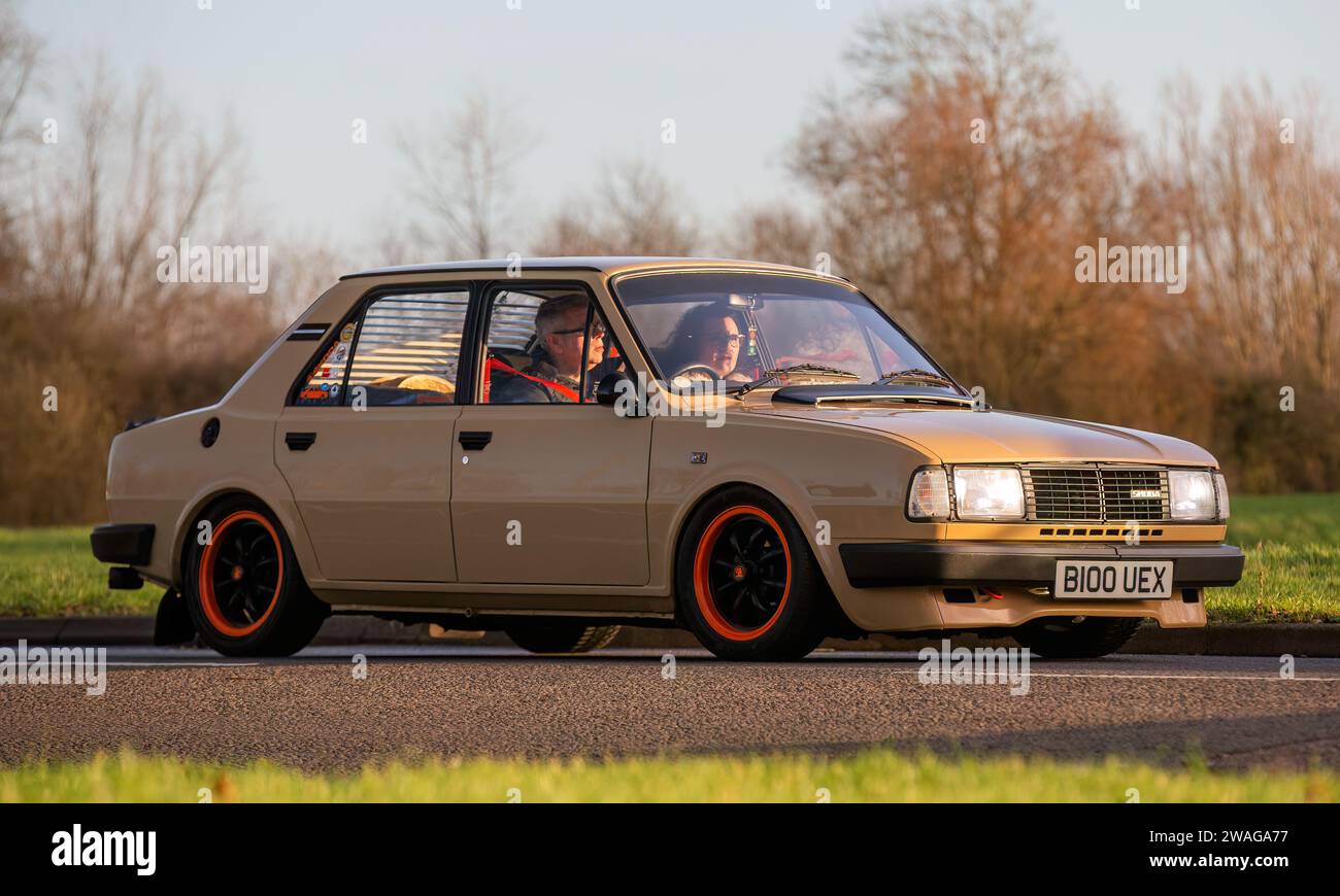 Stony Stratford,UK Jan 1st 2024. 1985 beige Skoda 120 ls car arriving