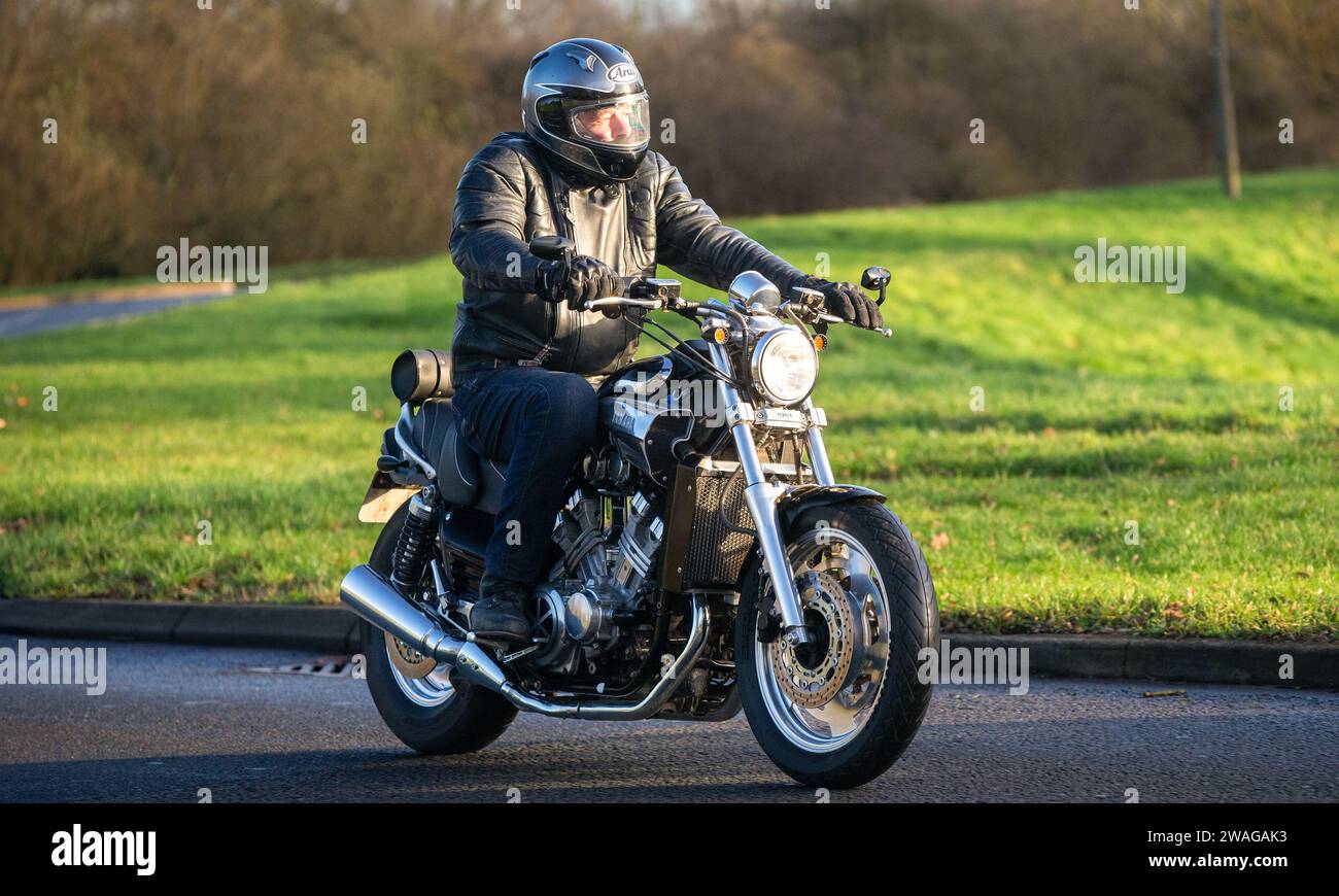Stony Stratford,UK Jan 1st 2024. 1997 Yamaha VMAX classic motorcycle arriving at Stony Stratford for the annual New Years Day vintage and classic vehi Stock Photo