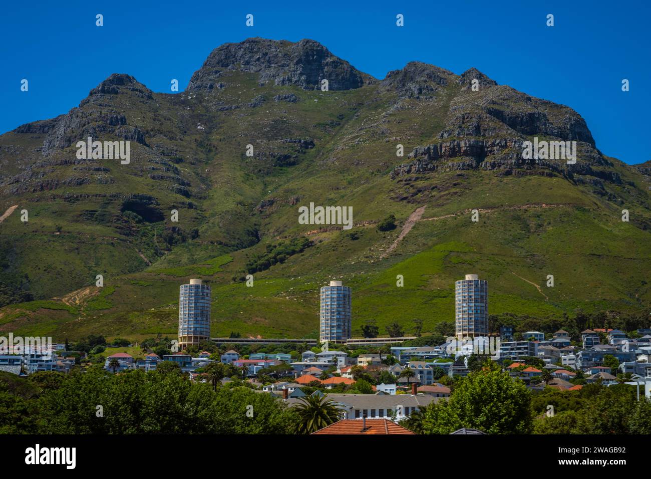Disa Towers  with Devil's Peak Table Mountain in the background in  Vredehoek Cape Town, South Africa Stock Photo