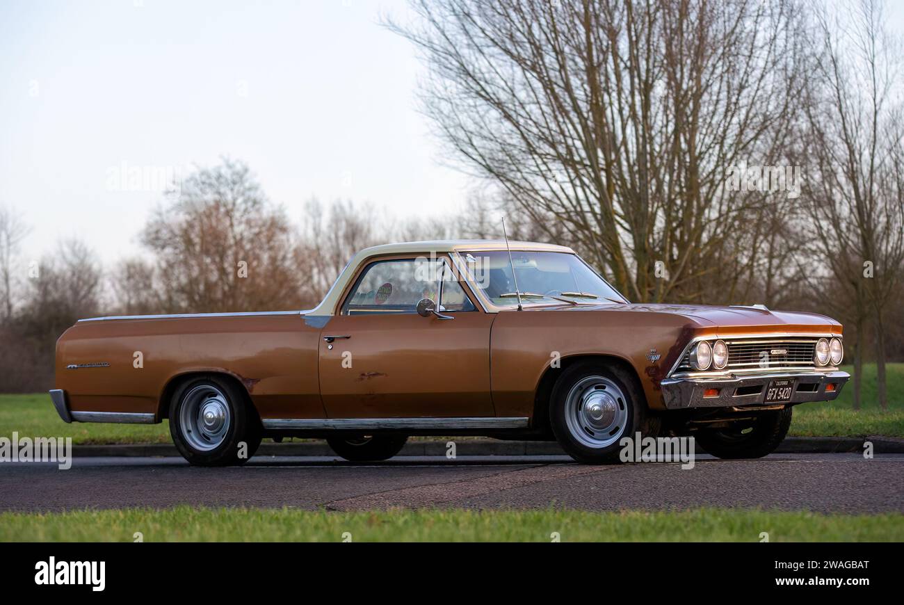Stony Stratford,UK Jan 1st 2024. 1966 gold Chevrolet El Camino car