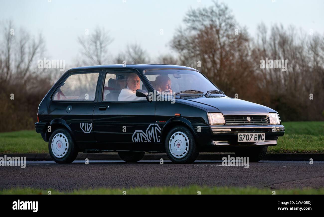 Stony Stratford,UK Jan 1st 2024.1990 Rover Metro car arriving at Stony