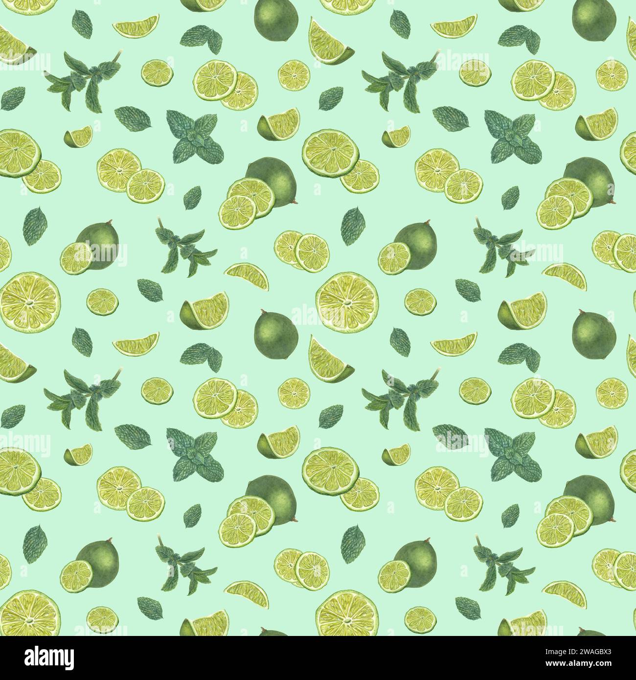 Fresh lime slices and green mint leaves. Seamless pattern isolated on pastel green blue