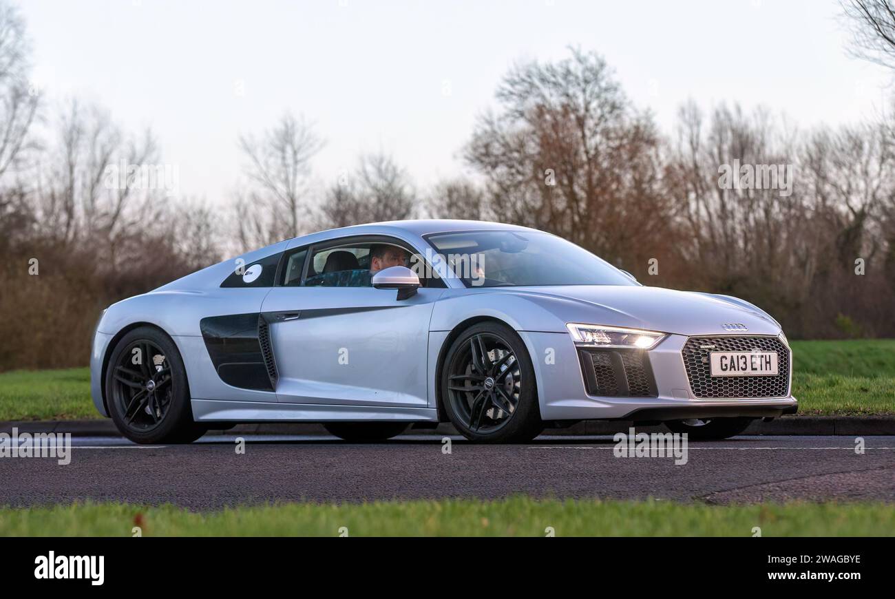 Stony Stratford,UK Jan 1st 2024. 2016 silver Audi R8 car arriving at