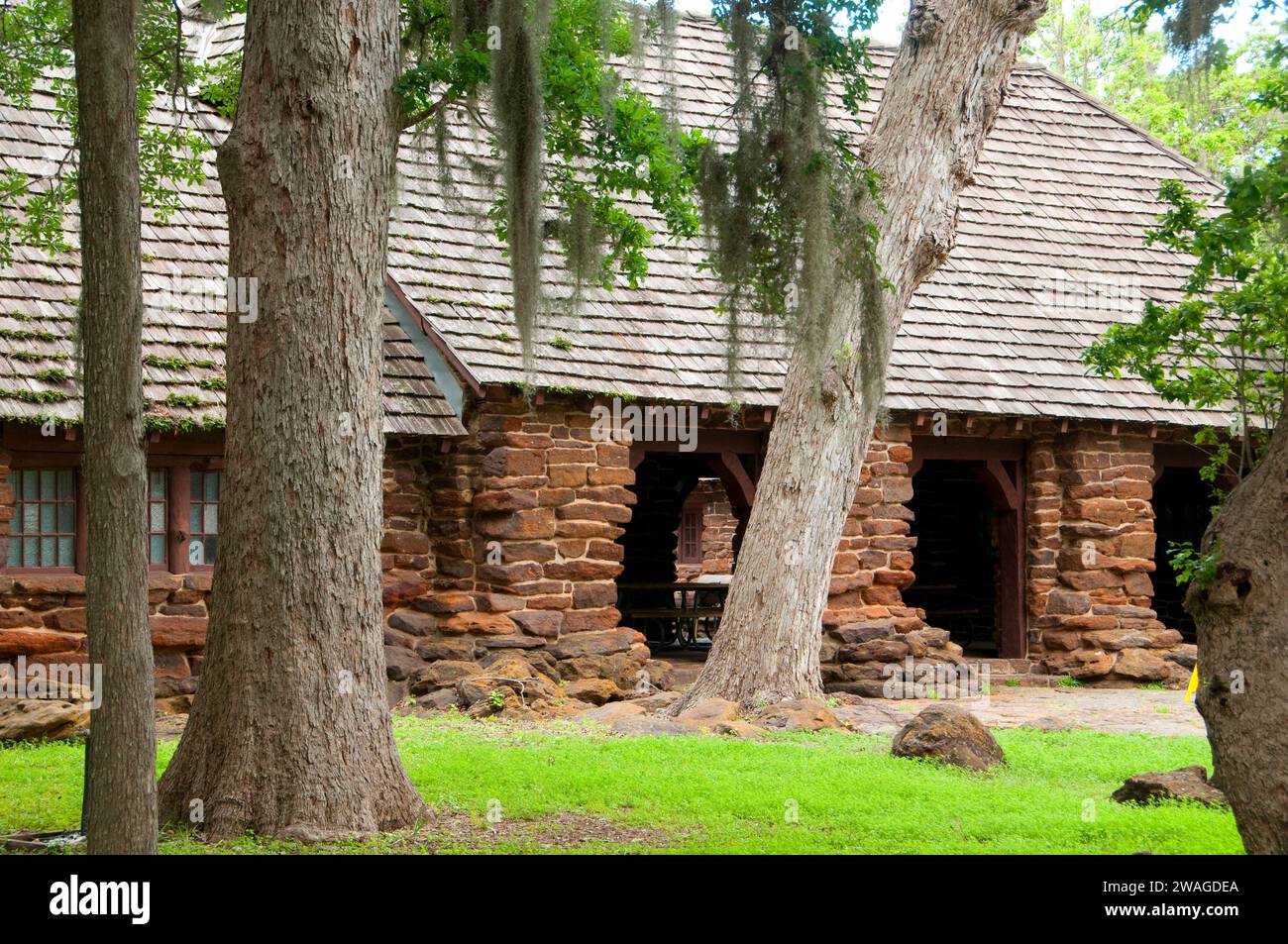 Picnic shelter built by CCC (Civilian Conservation Corps), Palmetto State Park, Texas Stock Photo