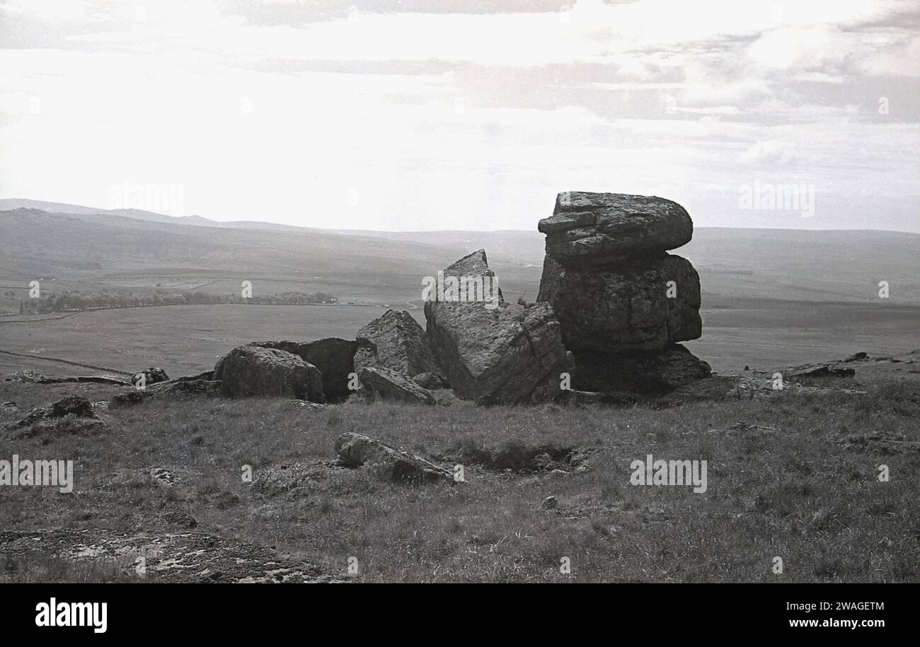 1950s, historical, a crag, limestone rocks on the uplands of the ...