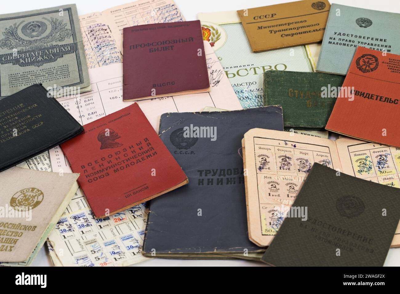 Different personal special documents and certificates of soviet man in USSR 1950-1970s Stock Photo