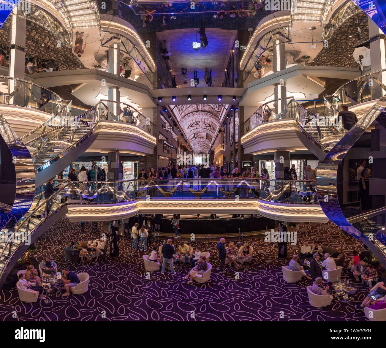 Panoramic view of the stunning Infinity Atrium area looking towards the Galleria Euribia on the MSC Euribia sailing in Northern Europe (July 23). Stock Photo