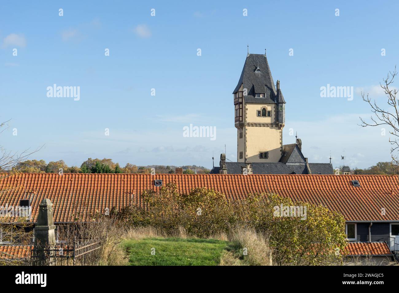 View of the tower of the Wilhelminian style villa Wipertistraße in Quedlinburg in autumn Stock Photo