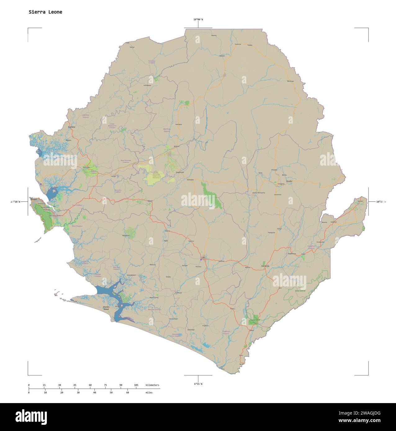 Shape of a topographic, OSM standard style map of the Sierra Leone ...