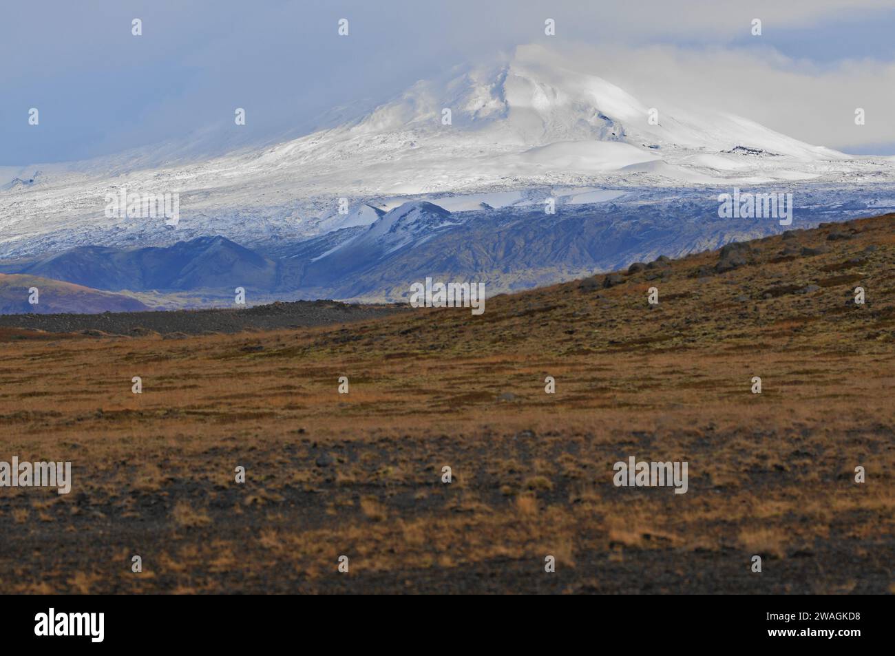 Hekla Volcano (or Hecla) is an active stratovolcano in the south of Iceland with a height of 1,491 m and last erupted in year 2000 Stock Photo