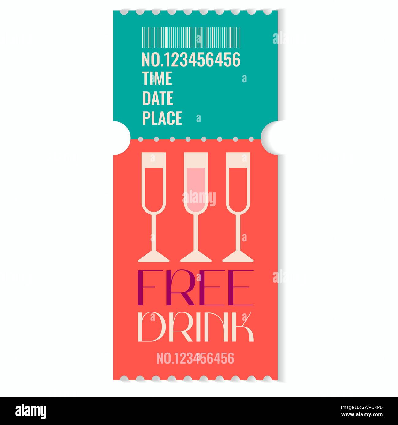 Free drink voucher template.Promotion,happy hour,opening or night party concept with date,time and place.Vector illustration EPS 10 Stock Vector