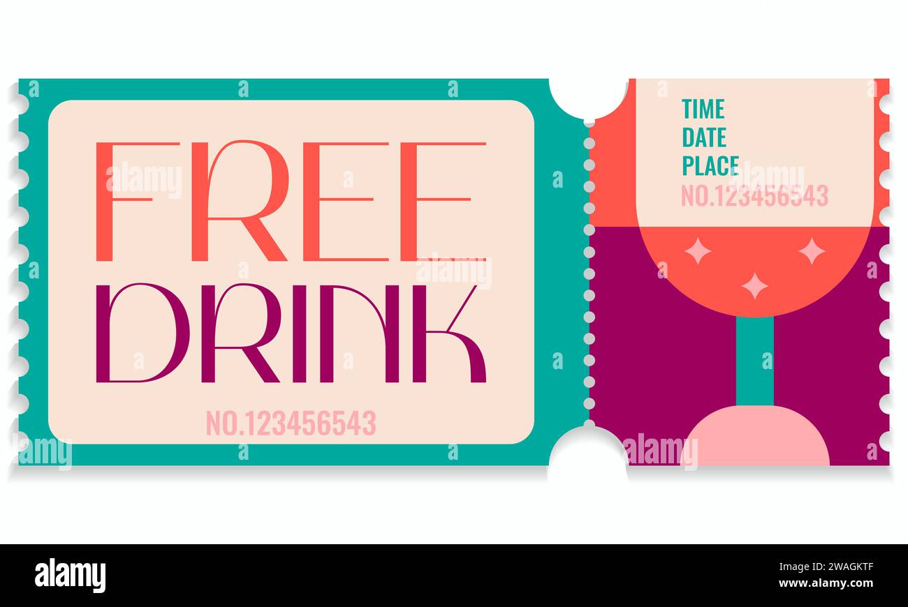 Free drink voucher template.Promotion,happy hour,opening or night party concept with date,time and place.Vector illustration EPS 10 Stock Vector