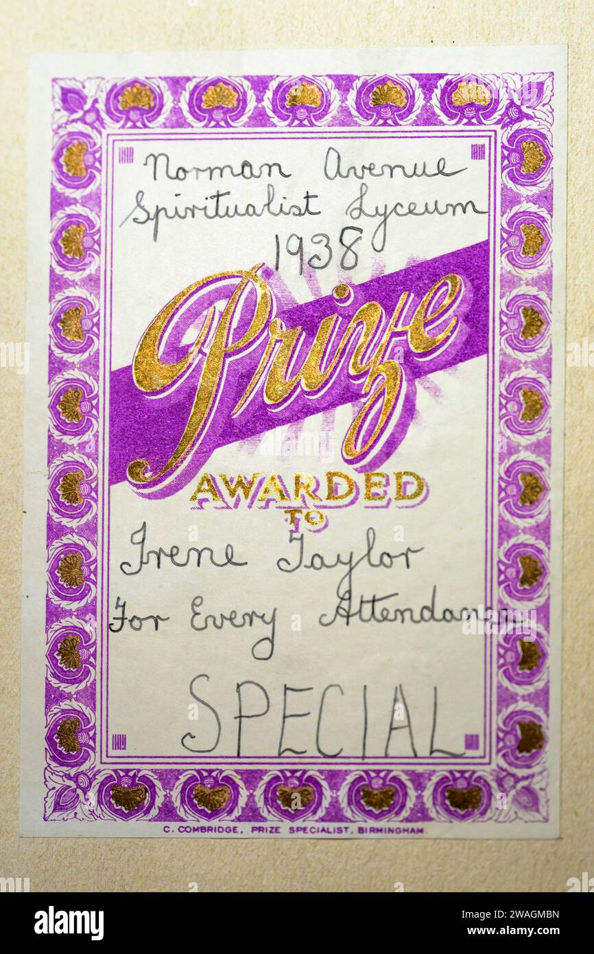 Book Name Plate, Church attendance prize, awarded from Spiritualist Lyceum, 1938 Stock Photo