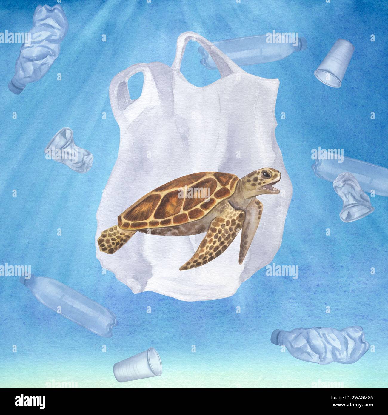 Sea turtle got entangled plastic bag. Ocean pollution. Great Pacific Garbage Patch. Disposable blue transparent bottles and cups. Hand drawn Stock Photo