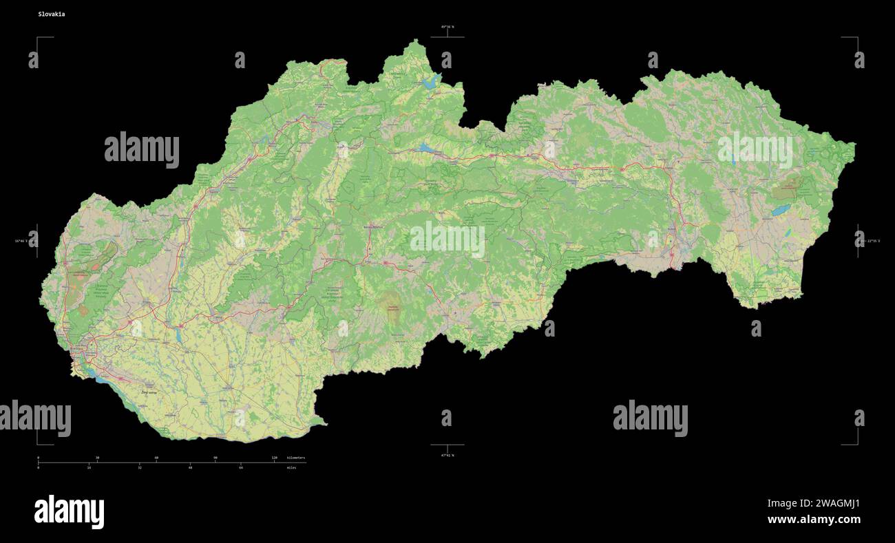 Shape of a topographic, OSM standard style map of the Slovakia, with ...