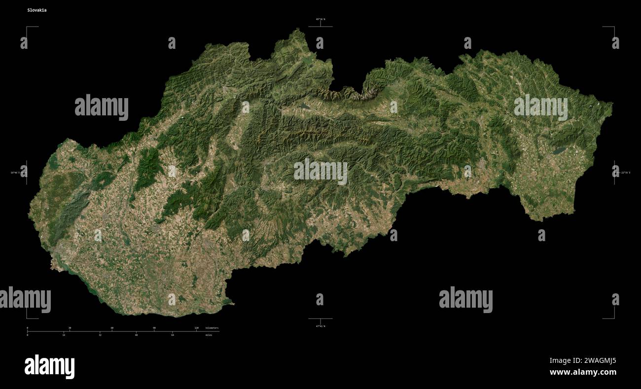 Shape of a low resolution satellite map of the Slovakia, with distance scale and map border coordinates, isolated on black Stock Photo