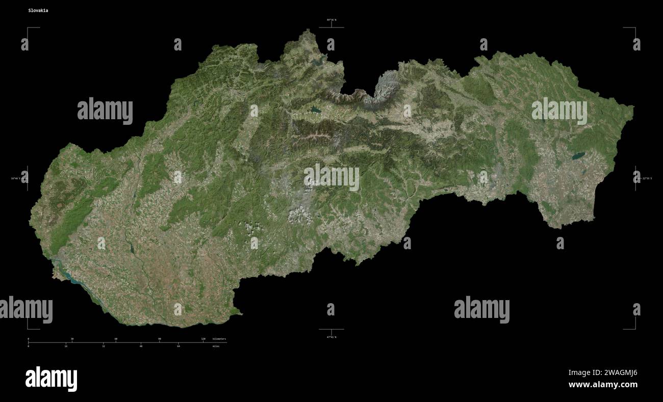 Shape of a high resolution satellite map of the Slovakia, with distance ...