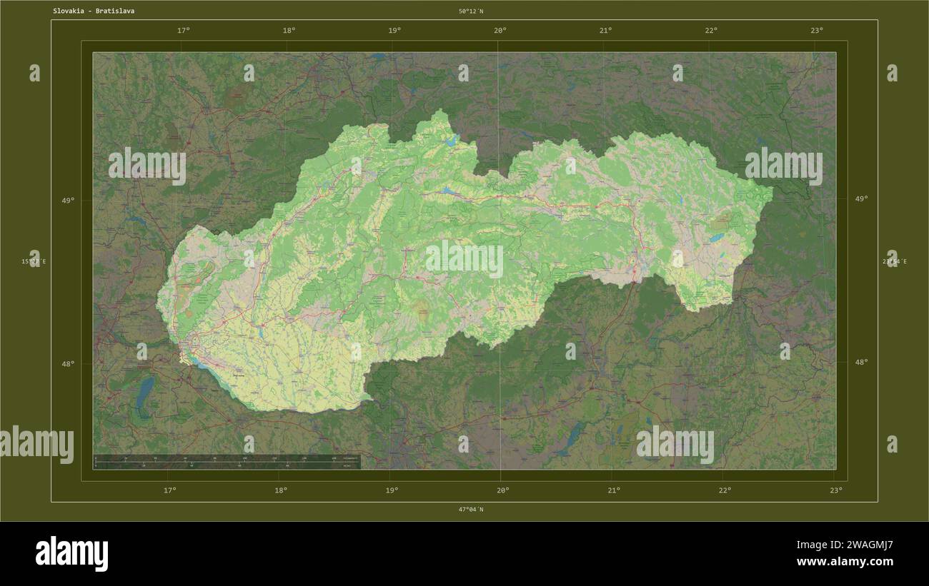 Slovakia highlighted on a topographic, OSM standard style map map with the country's capital point, cartographic grid, distance scale and map border c Stock Photo