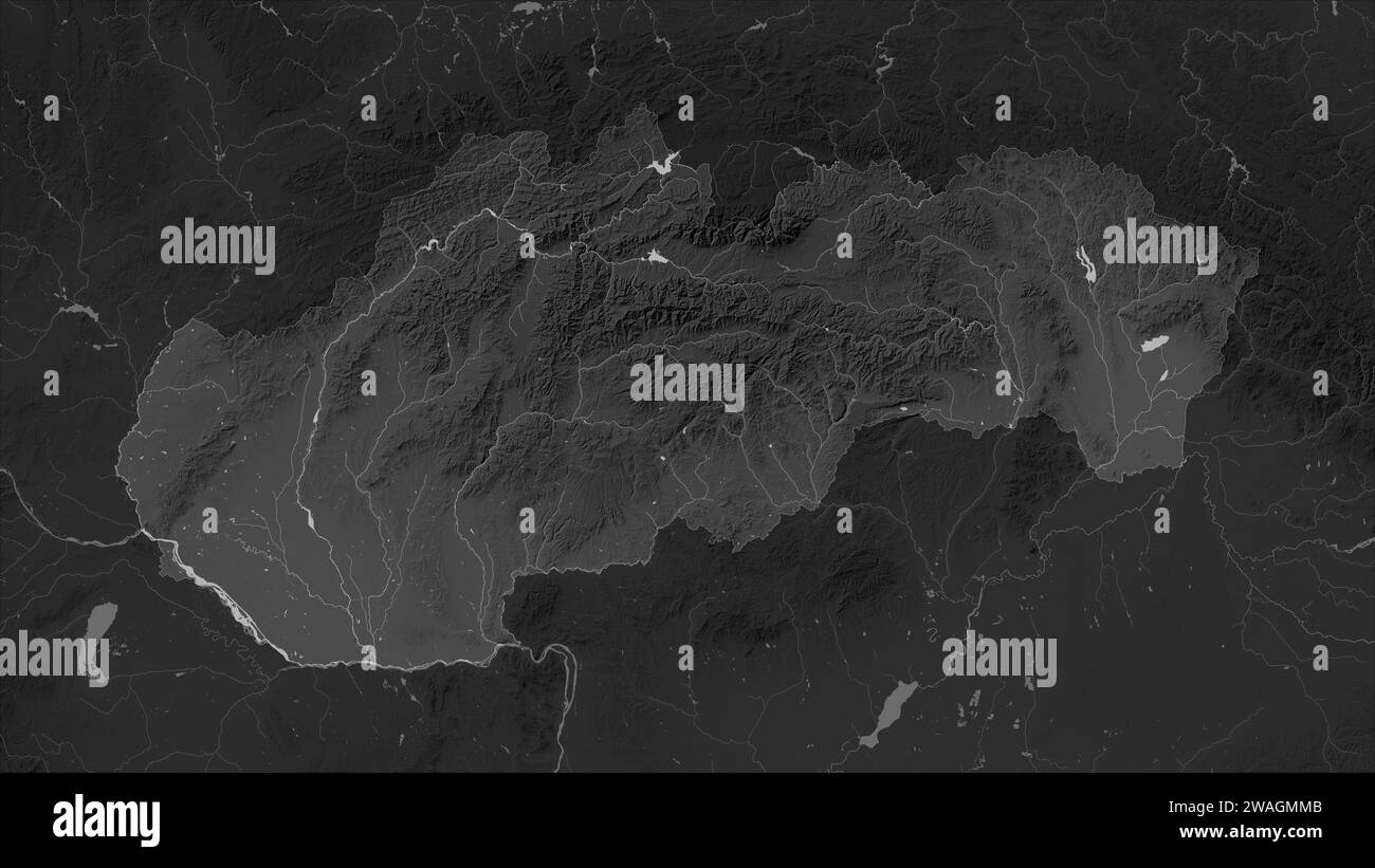 Slovakia highlighted on a Grayscale elevation map with lakes and rivers Stock Photo