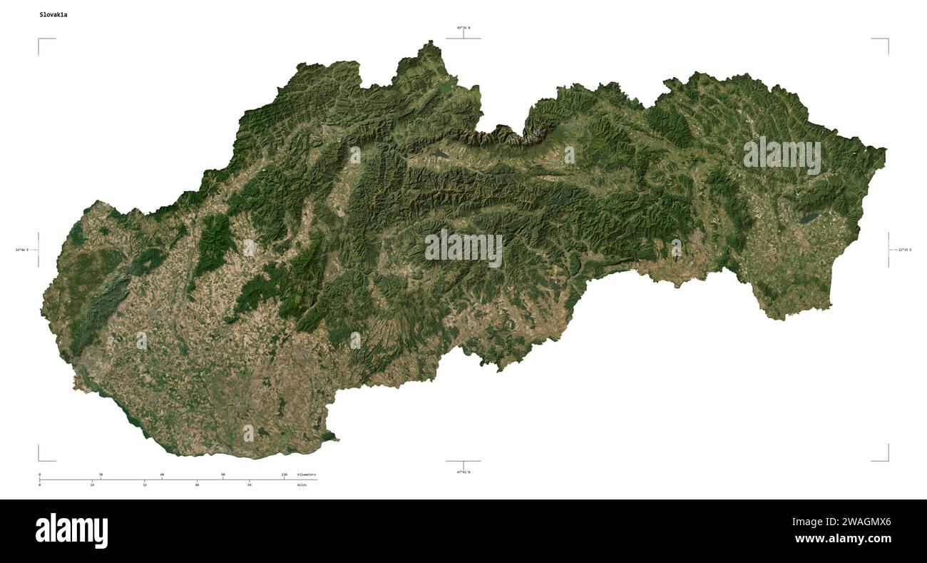 Shape of a low resolution satellite map of the Slovakia, with distance scale and map border coordinates, isolated on white Stock Photo