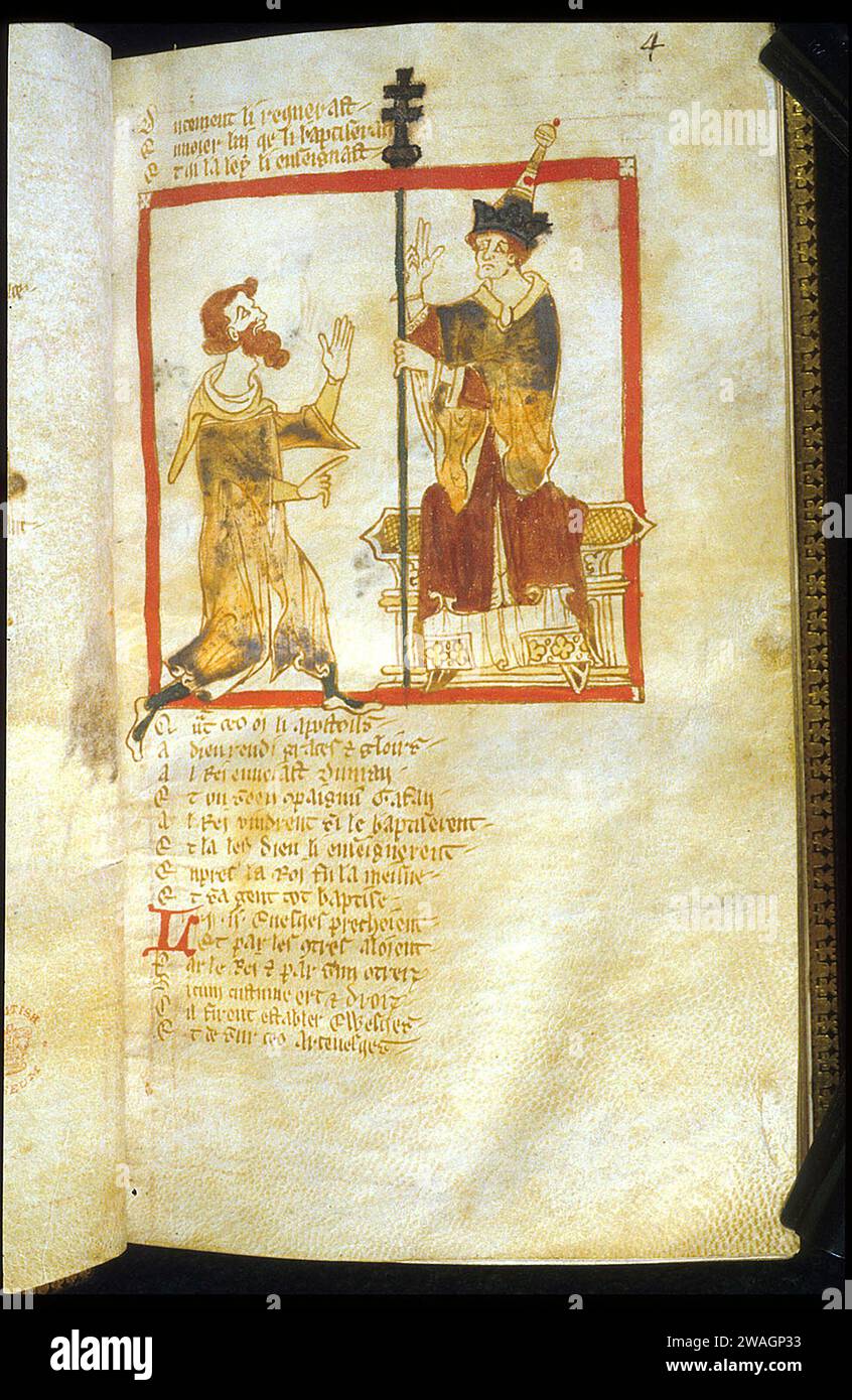 A 13th century illustration of Pope Eleutherius, who was pontiff from AD174 to AD189, recieveing the messanger from King Lucius. He was the thirteenth pope. The legend that this pope was recieved in Britain is now largely discredited. It is now believed that he was recieved by a Syrian king of the same name. Stock Photo