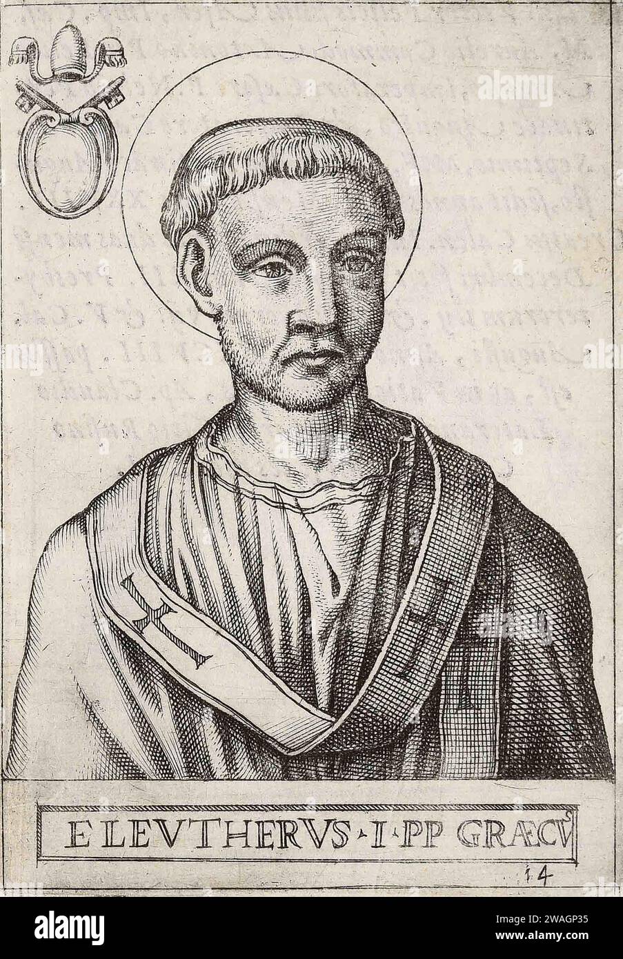 A 1580 illustration of Pope Eleutherius, who was pontiff from AD174 to AD189. He was the thirteenth pope. Stock Photo