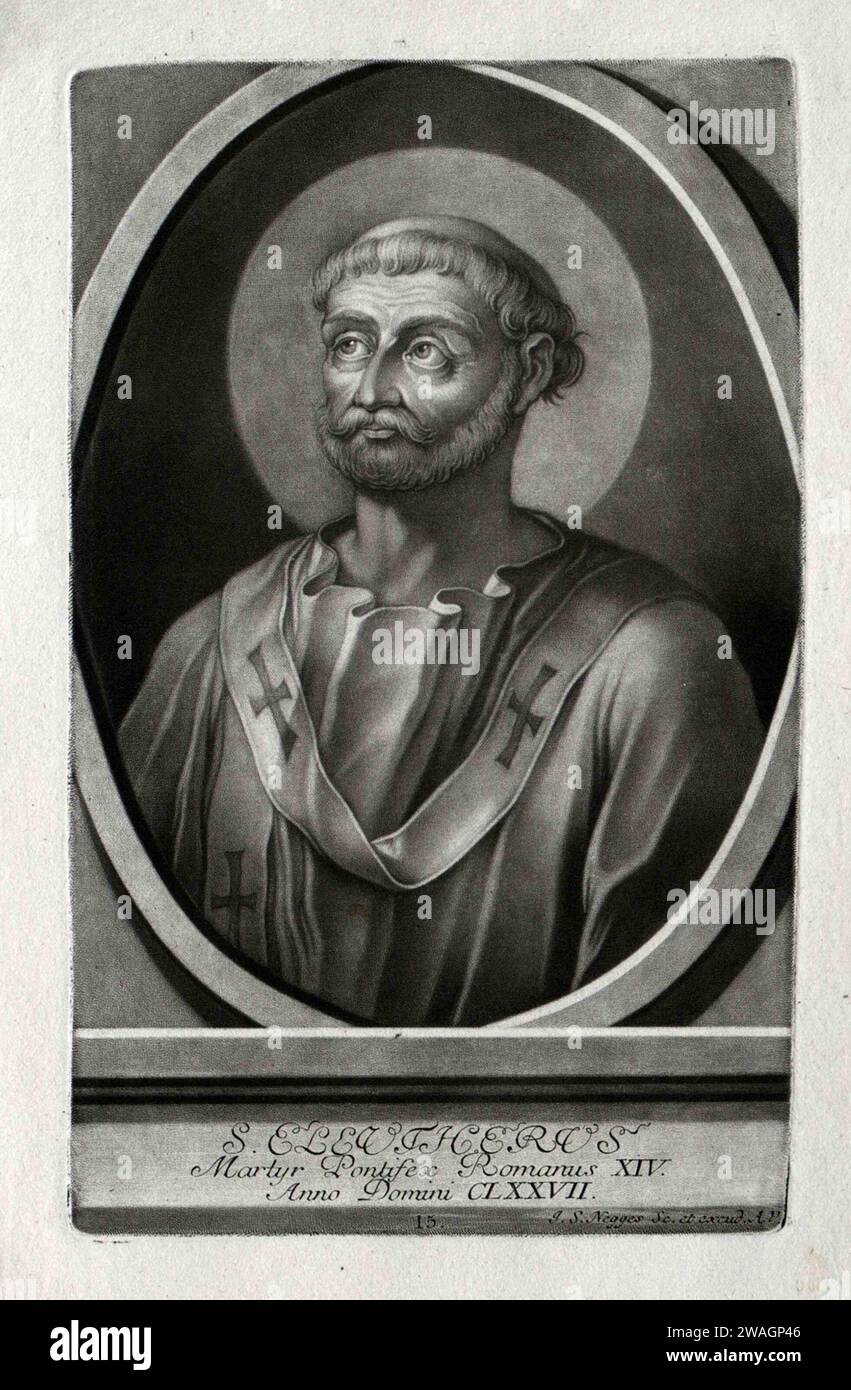 A 17th century illustration of Pope Eleutherius, who was pontiff from AD174 to AD189. He was the thirteenth pope. Stock Photo