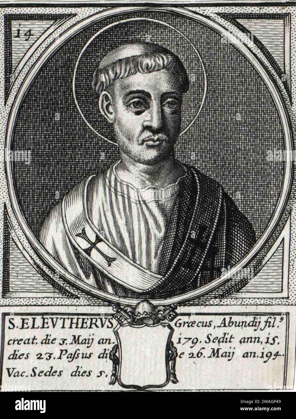 A 17th century illustration of Pope Eleutherius, who was pontiff from AD174 to AD189. He was the thirteenth pope. Stock Photo