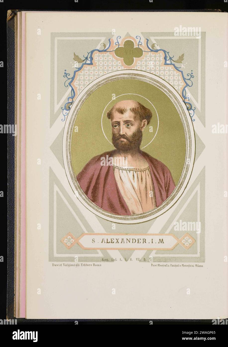 An 1879 illustration of Pope Alexander I, who was pontiff from AD107 to AD115. He was the sixth pope. Stock Photo