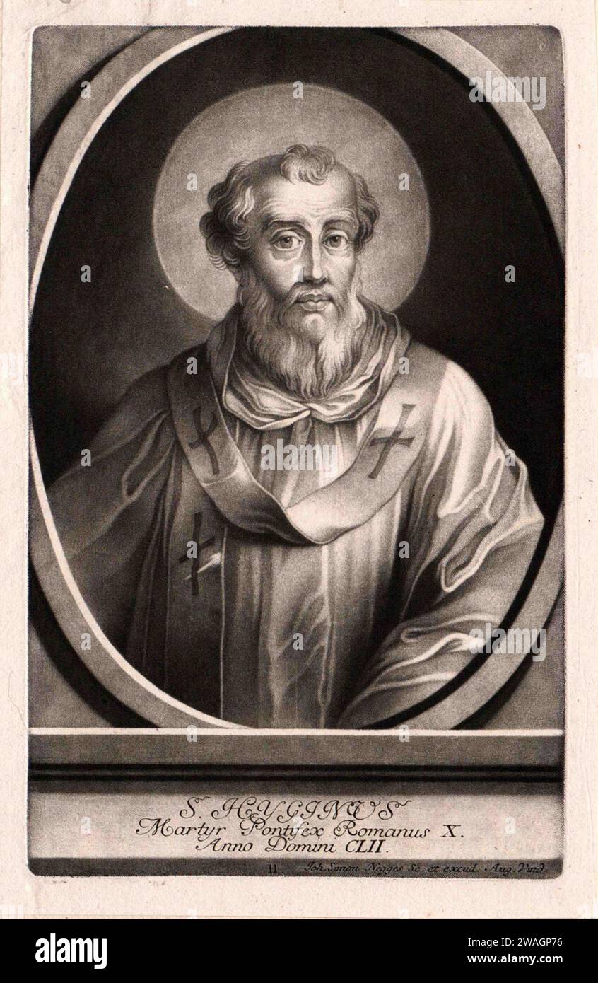 A 17th Century engraving of Pope Hyginus, who was pontiff from AD136 to AD140. He was the ninth pope. He was Greek and it was he that introduced the idea of godparents to help baptised children during their Christian life and duties. Stock Photo