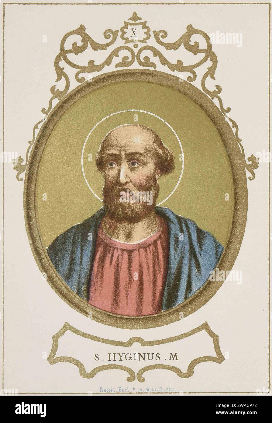 An 1879 illustration of Pope Hyginus, who was pontiff from AD136 to AD140. He was the ninth pope. He was Greek and it was he that introduced the idea of godparents to help baptised children during their Christian life and duties. Stock Photo