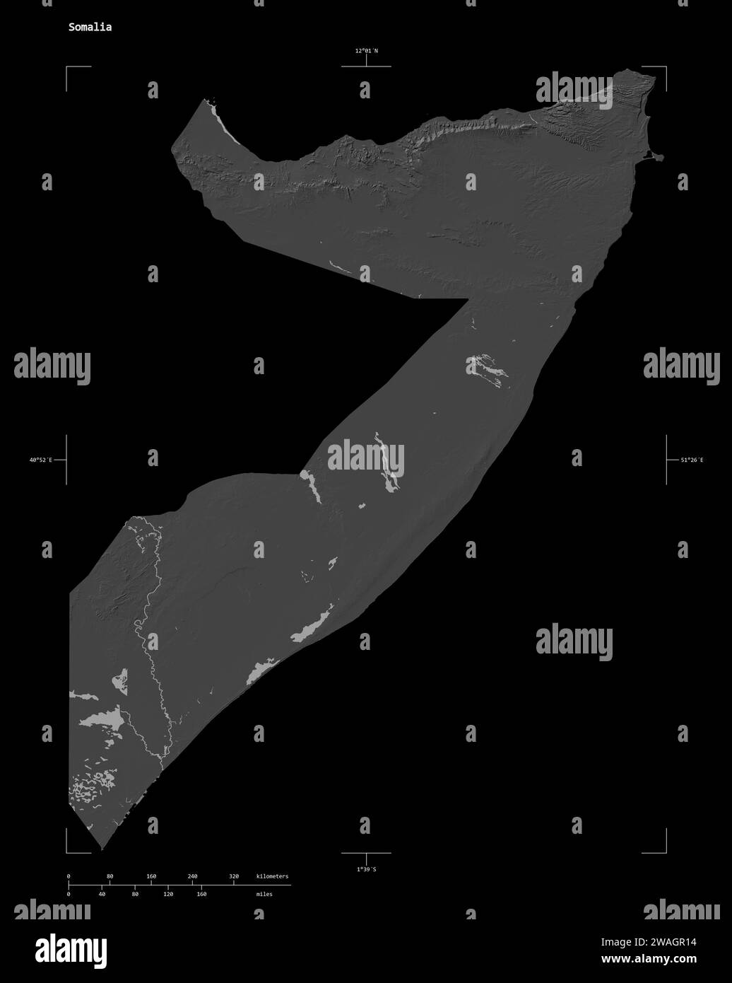 Shape of a Bilevel elevation map with lakes and rivers of the Somalia, with distance scale and map border coordinates, isolated on black Stock Photo