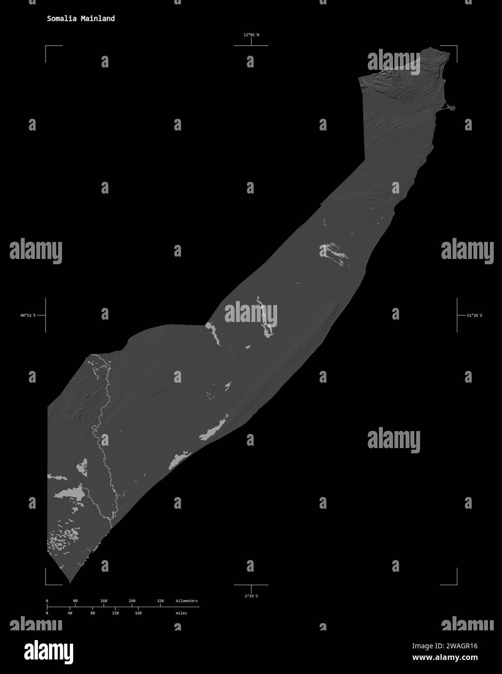 Shape of a Bilevel elevation map with lakes and rivers of the Somalia Mainland, with distance scale and map border coordinates, isolated on black Stock Photo