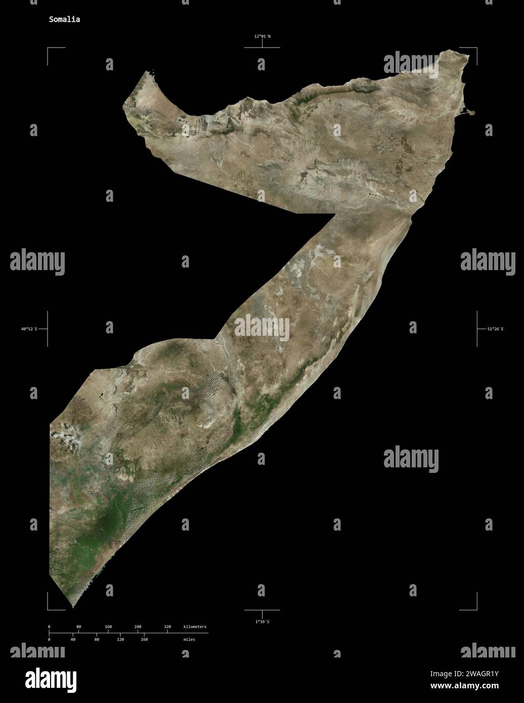 Shape of a high resolution satellite map of the Somalia, with distance ...