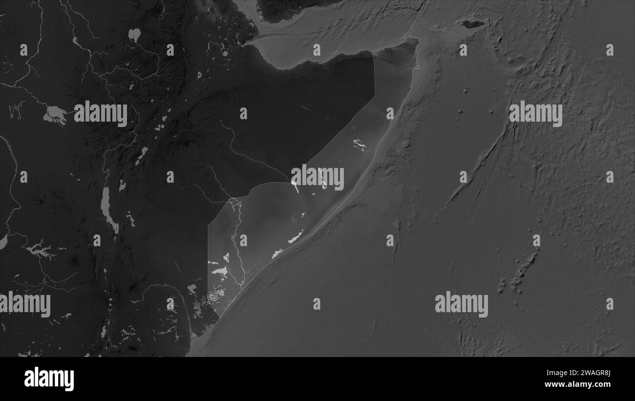 Somalia Mainland highlighted on a Grayscale elevation map with lakes and rivers Stock Photo
