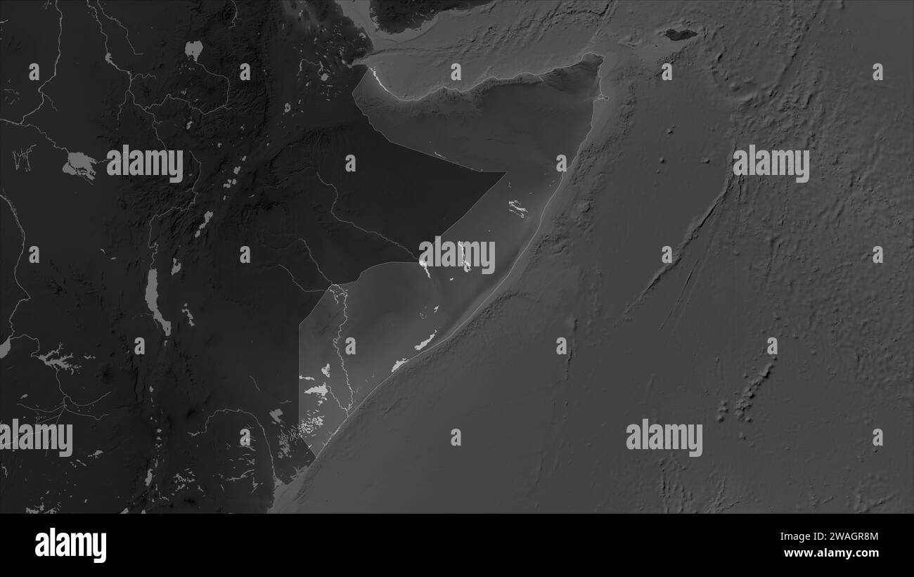 Somalia highlighted on a Grayscale elevation map with lakes and rivers Stock Photo