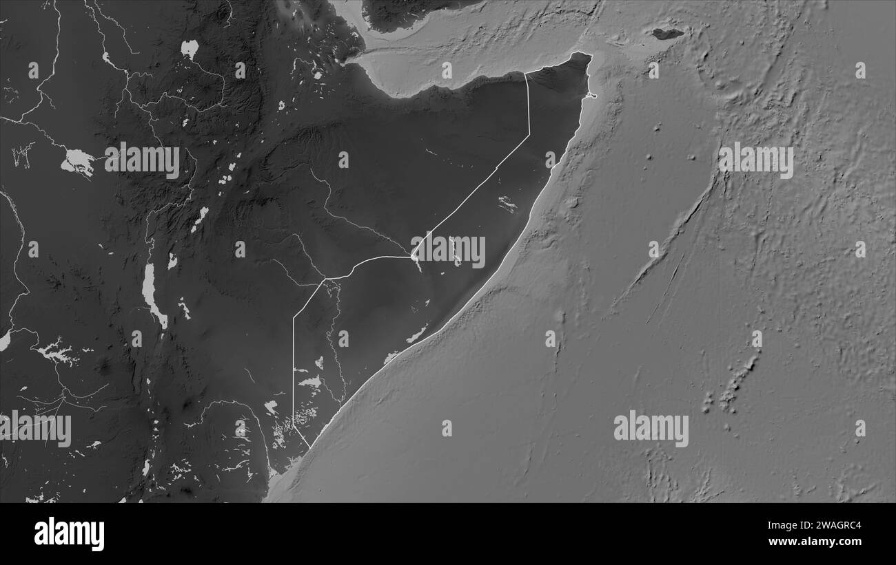 Somalia Mainland outlined on a Grayscale elevation map with lakes and rivers Stock Photo