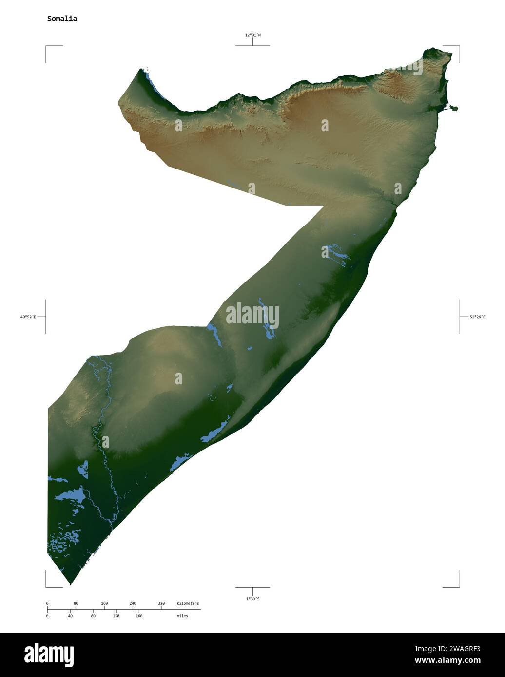 Shape of a Colored elevation map with lakes and rivers of the Somalia, with distance scale and map border coordinates, isolated on white Stock Photo