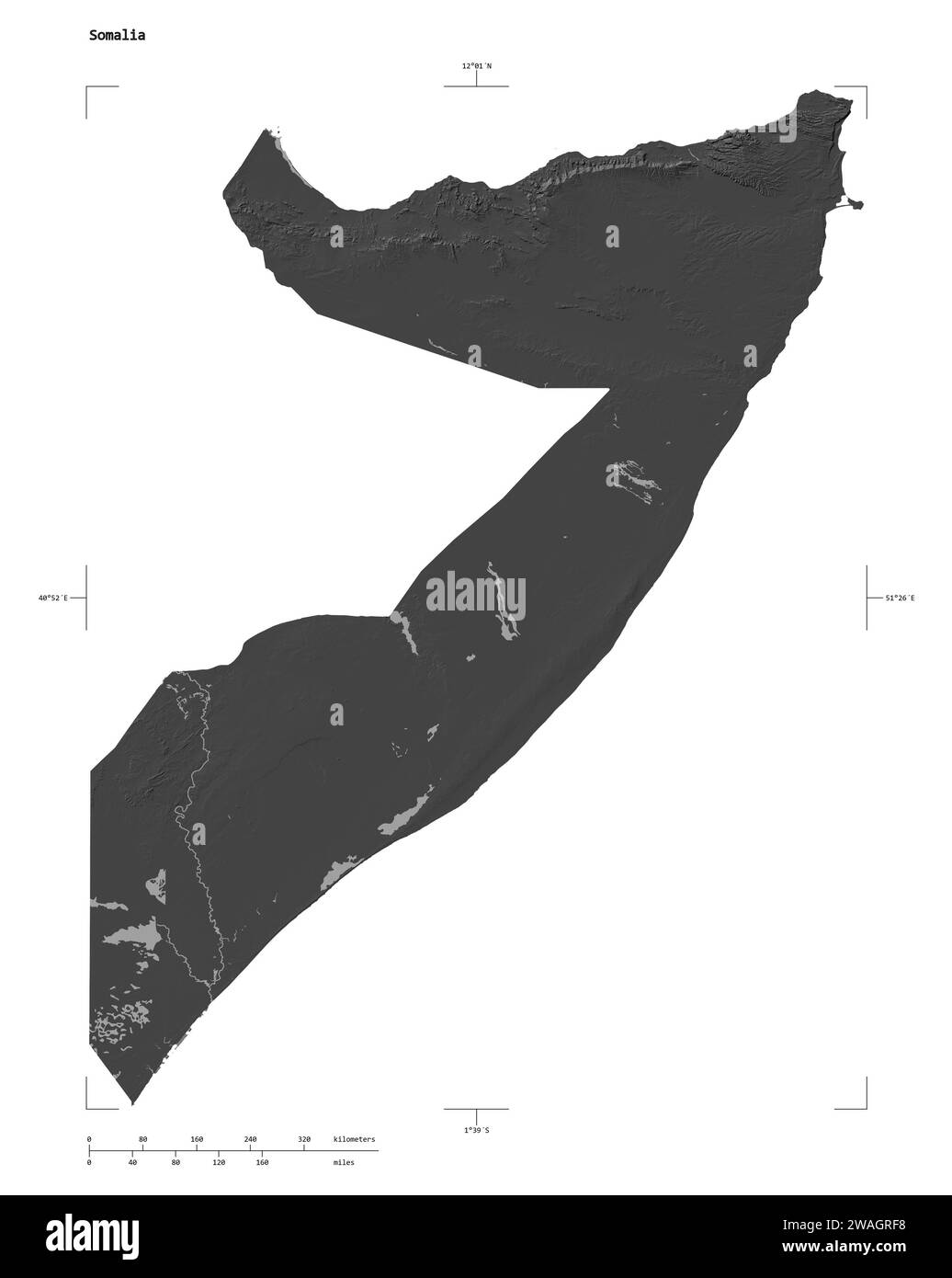 Shape of a Bilevel elevation map with lakes and rivers of the Somalia, with distance scale and map border coordinates, isolated on white Stock Photo