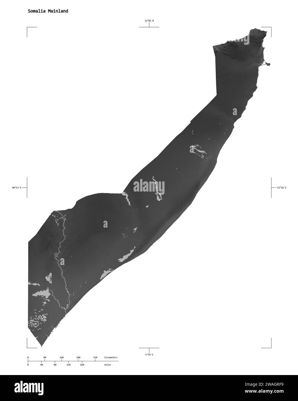 Shape of a Grayscale elevation map with lakes and rivers of the Somalia Mainland, with distance scale and map border coordinates, isolated on white Stock Photo